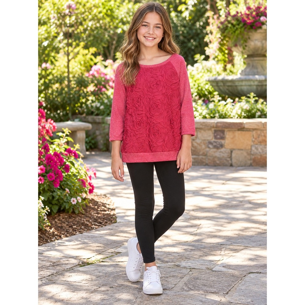 BEAUTEES Girls Pink Rosette 3D Floral Textured Raglan Sweatshirt Size M